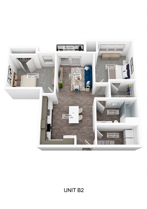 a stylized 3d floor plan of a unit with a bedroom and living room